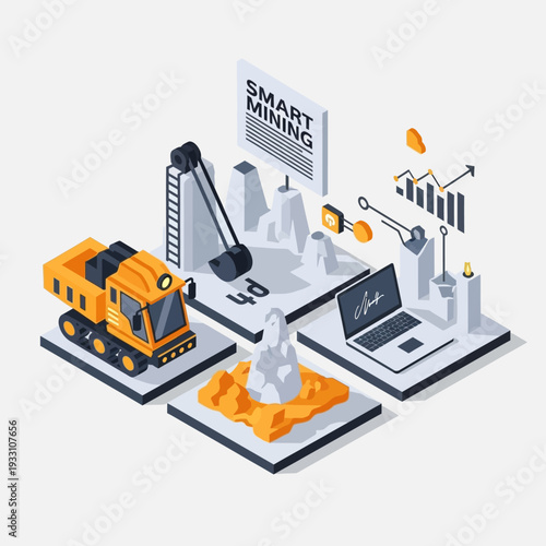 Isometric illustration of smart mining technology with heavy machinery, data analysis, and digital optimization processes.