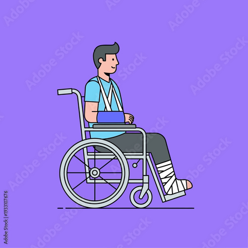 Man with broken arm and leg in wheelchair, recovery, rehabilitation, healthcare concept