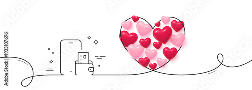 Phone wallet line icon. Continuous line big heart. Smartphone app sign. Cellphone mobile device symbol. 3d hearts in heart shaped loop. Phone wallet single line ribbon. Loop curve pattern. Vector