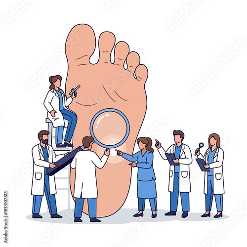 Medical Team Examines Giant Foot with Magnifying Glass, Podiatry Concept