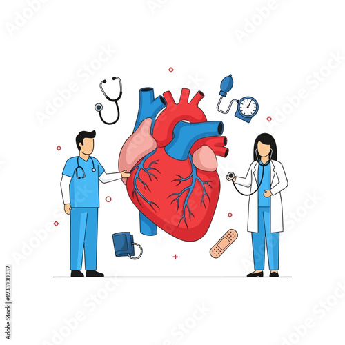 Cardiology concept: Doctors examine giant human heart with medical equipment, healthcare illustration