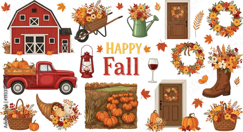 Happy fall autumn harvest elements collection pumpkins truck barn seasonal vector illustration