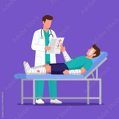 Doctor Examines Injured Patient with Bandages and Casts on Bed