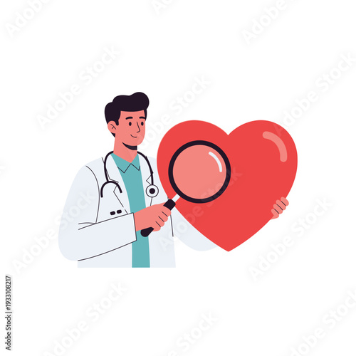 Doctor examining a large red heart with a magnifying glass, cardiology concept