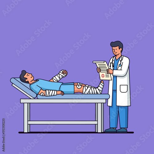 Doctor Examines Patient with Multiple Bandages and Casts Lying on Medical Bed