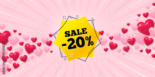 Sale 20 percent love banner with 3d hearts. Sunburst flare background. Sale 20 percent off sticker. Discount banner shape. Coupon bubble icon. Valentines day greeting card. Vector