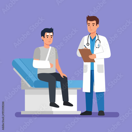 Doctor examining injured patient with arm sling and head bandage in clinic