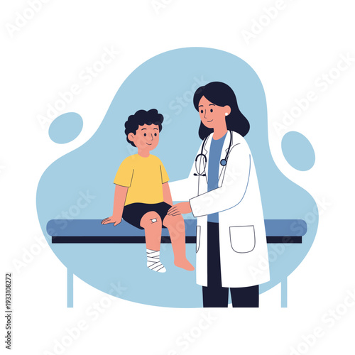 Doctor examining a child's injured knee with a bandage in a clinic