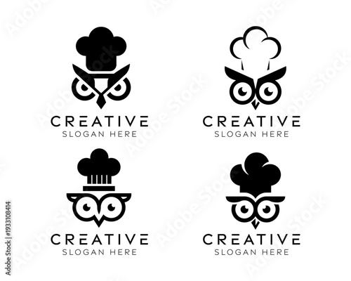 Set of chef owl logo design templates. Modern isolated eye owl and chef hat design for restaurants, education, and cooking.