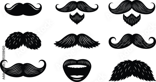 Set of vintage mustache and beard vector icons isolated on white background for barbershop logo design gentleman fashion and facial hair