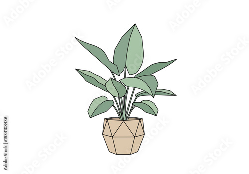 Simplified Green Leafy Plant in Geometric Pot on White Background Indoor Botanical Decor Element Flat Design Style