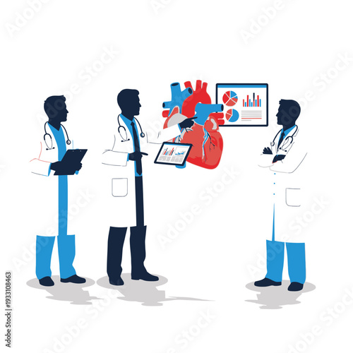 Doctors Analyzing Heart Health Data with Digital Charts and 3D Model