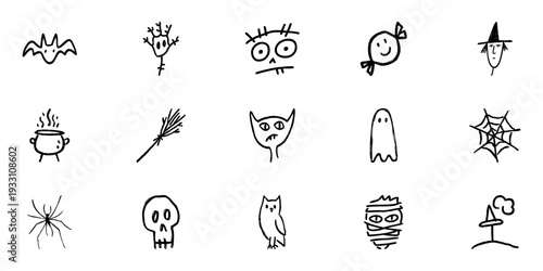 Halloween Doodle Icon Set In Line Art Style. Spooky Symbols Including Bat, Witch, Ghost, And Skull Outline Sketch Collection. Festive And Fun Illustrations. Hand Drawn Isolated Vector Illustration