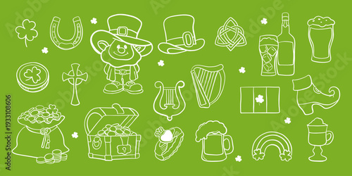 St. Patrick’s Day hand drawn doodle elements with leprechaun, shamrocks, Celtic symbols, beer, rainbow, pot of gold and lucky charms. Cute Irish holiday stickers and vector illustration