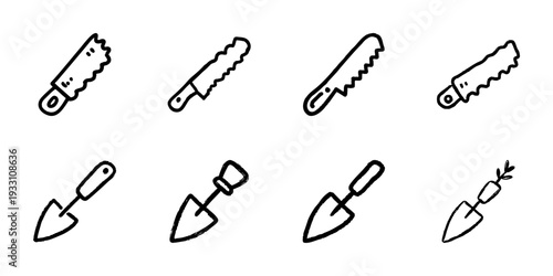 Hand Saw And Garden Trowel Line Icon Set In Doodle Style. Woodworking And Gardening Tools Outline Sketch Collection. Diy, Landscaping, And Home Improvement. Hand Drawn Isolated Vector Illustration