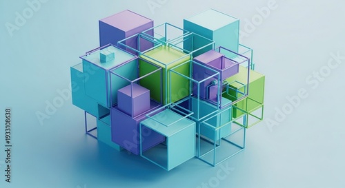 A 3D rendered composition of nested and overlapping cubes in various pastel colors