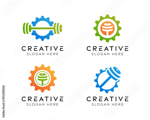 Set of fitness gear logo design templates. Modern isolated gear and dumbbell design for gym, manufacturing, and personal development.