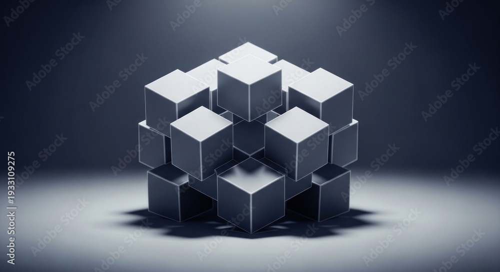 Obraz premium A collection of silver cubes, arranged to form a larger geometric structure, illuminated by a spotlight