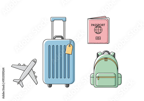 Travel Essentials Set Including Suitcase Airplane Passport Backpack For Journey Planning And Vacation Preparation Concepts
