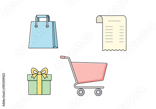Collection of Retail Icons Representing Shopping Activity Including a Gift Box a Shopping Bag a Receipt and a Cart for Commerce Concepts