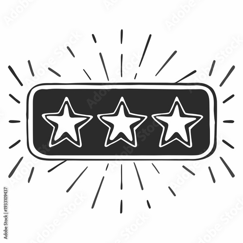 A black and white vector graphic of three stars in a rectangle with lines radiating outward