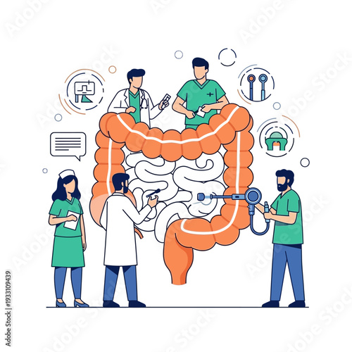 Medical Team Performing Colonoscopy on Intestine Model, Healthcare Concept