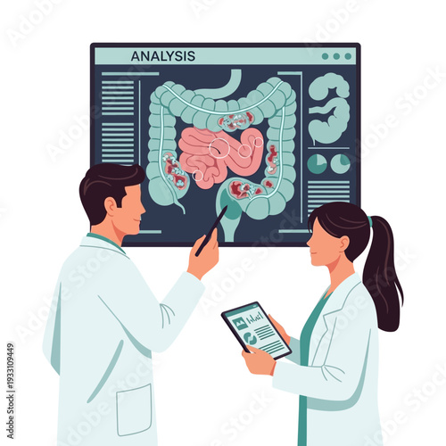 Doctors analyzing intestinal scan on screen, medical diagnosis and healthcare concept