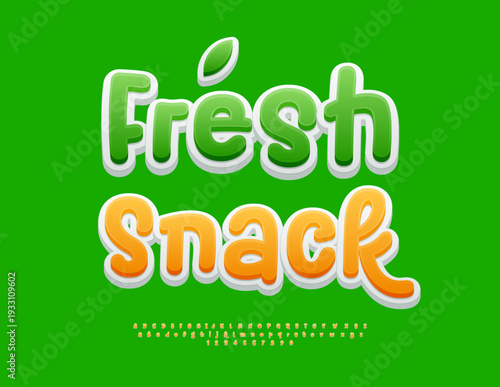 Vector Healthy template Fresh Snack. Playful Yellow Font. Cute Handwritten Alphabet Letters and Numbers set.