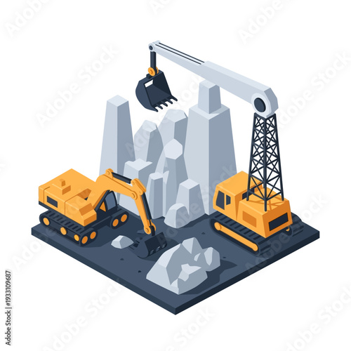 Isometric illustration of a mining site with excavator and crane processing raw materials and rocks.