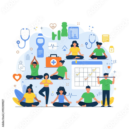 Diverse People Practicing Yoga and Fitness with Medical Icons, Healthy Lifestyle Concept