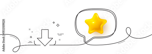 Download Arrow line icon. Continuous line with 3d star. Down arrowhead symbol. Direction or pointer sign. 3d star in speech bubble. Download single line ribbon. Loop curve pattern. Vector