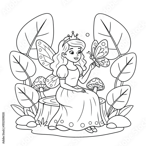 Fairy coloring page with princess and butterfly in magical forest scene