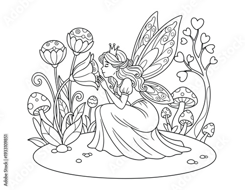 Fairy coloring page with princess smelling flowers in magical forest