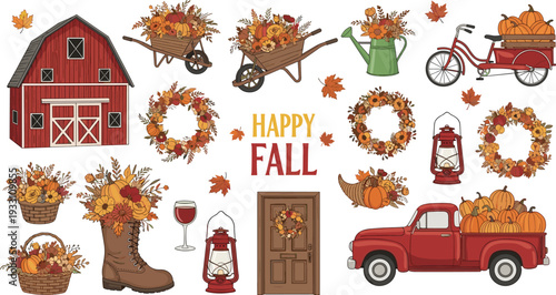Happy fall autumn elements collection pumpkins wreath truck barn seasonal vector illustration