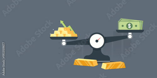 Gold bars and US dollar bills on a balance scale with a rising green arrow, representing gold price increase and investment growth.