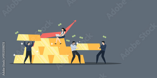 Team of people working together to stack large gold bars with a red arrow pointing up, representing financial success, investment growth, and wealth accumulation.