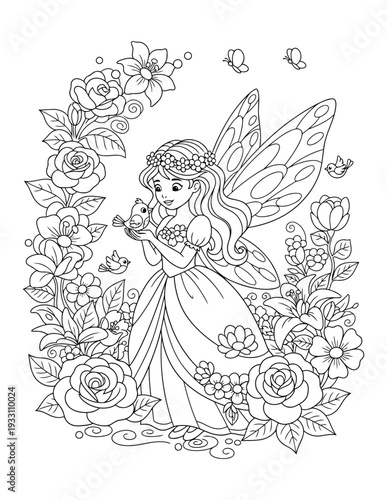 Fairy coloring page with princess holding birds in blooming garden
