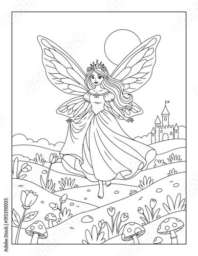 Fairy coloring page with winged princess in fantasy landscape scene