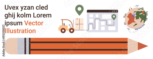 Logistics, supply chain, education, map navigation, delivery services, content creation. A pencil, location markers and a global map with transport icons. Logistics and supply chain