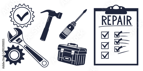 Assorted tools and icons representing repair and maintenance services. Vector
