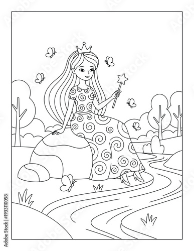 Fairy coloring page with princess holding magic wand by river