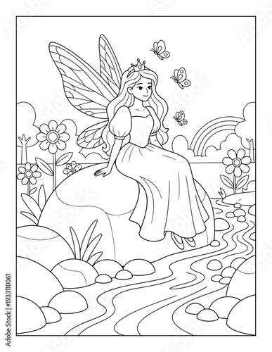 Fairy coloring page with winged princess by river and rainbow