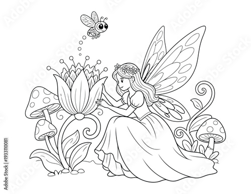 Fairy coloring page with winged princess and giant blooming flower