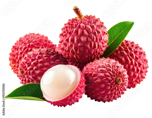 Vibrant red textured lychee fruits with one peeled open, showcasing juicy white flesh