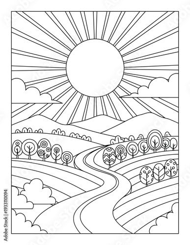  Landscape coloring page with winding road and radiant sun