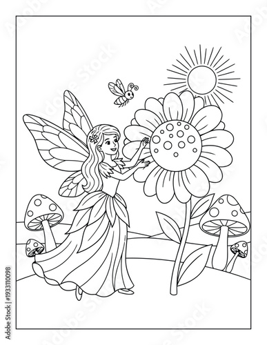 Fairy coloring page with winged princess and giant sunflower