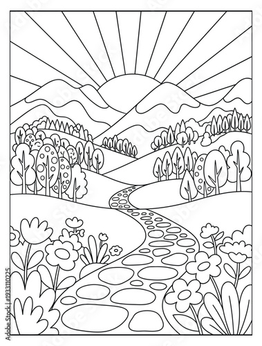  Landscape coloring page with stone path and mountain sunrise scene