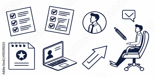 A person working on a laptop surrounded by various digital elements and icons. Vector