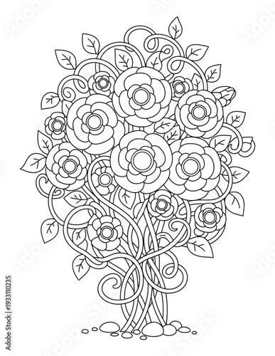  Floral coloring page with decorative rose tree and swirling vines