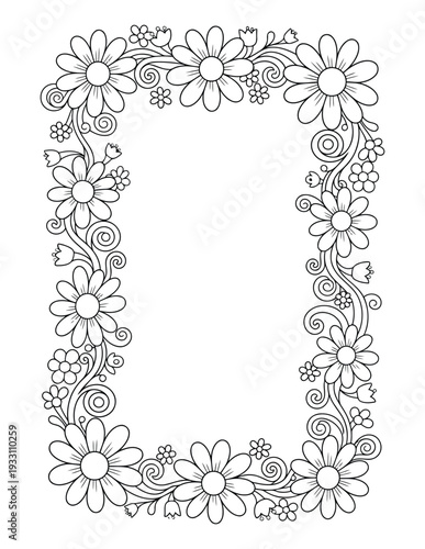 Floral frame coloring page with decorative daisy border design